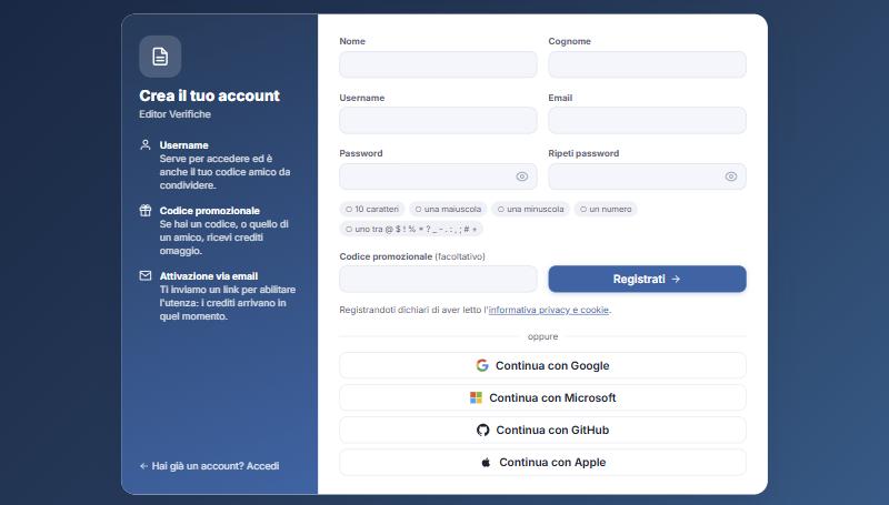 Pagina di registrazione con il modulo per l'account locale e i pulsanti Continua con Google, Microsoft, GitHub e Apple