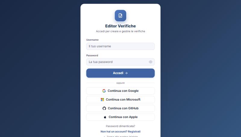 Pagina di accesso con username, password e pulsanti social