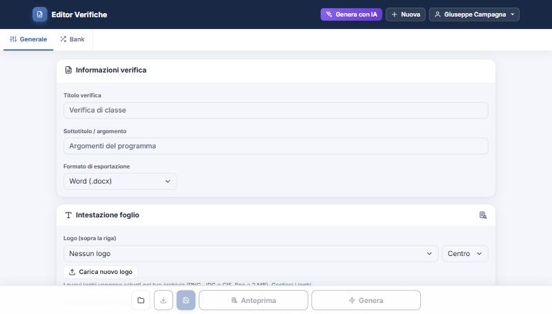 Scheda Generale dell'editor con titolo, sottotitolo, formato ed intestazione