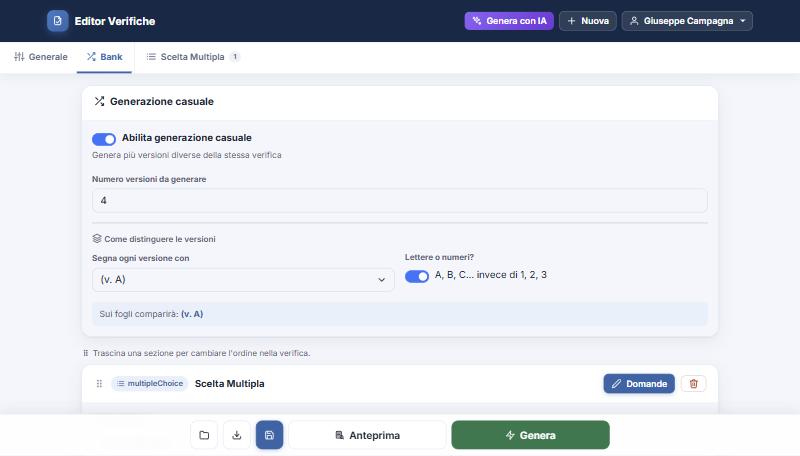 Scheda Bank con numero di versioni, etichetta versione e lettere/numeri